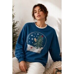 Margaux & Lexi Christmas Snow Globe Sweatshirt Owl Sequin Holiday XXL Blue